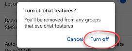 confirmation of turning off chat features in messaging app