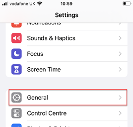 Settings App - General Option shown