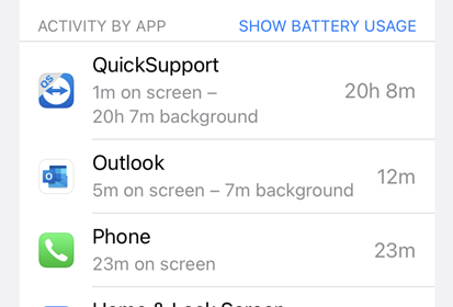 Battery usage in hours by app