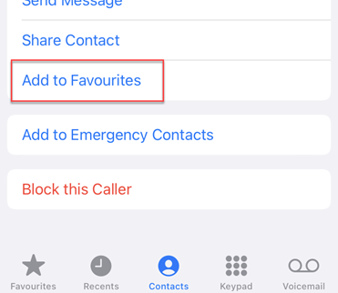 Add to favourites button in a contact