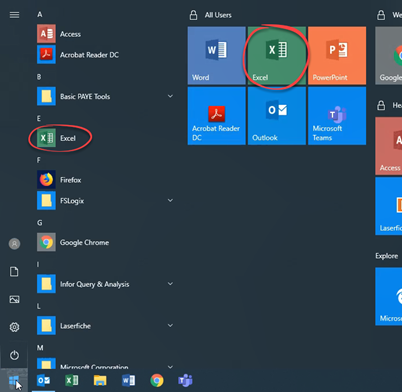 Excel icon in the start menu