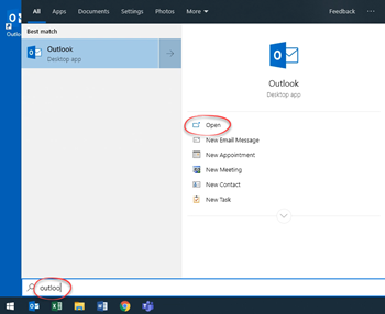 Searching for Outlook in the Start Menu