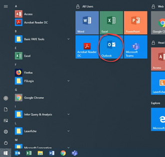 Outlook icon in the start menu