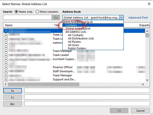 Select Names: Global Address List window on display