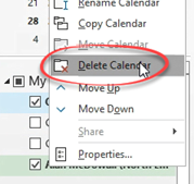 Right click, delete calendar