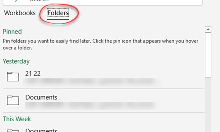 Showing recent folders in the file, open window
