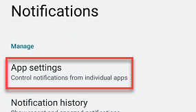 App Settings in Notification settings