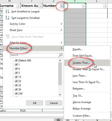 Number filtering options in Excel