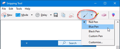 Pen button in the snipping tool menu bar