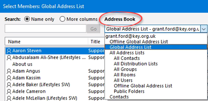 Contacts - choose address book drop down menu
