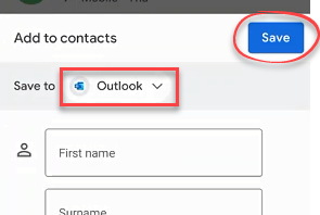 Add contacts tab save to box highlighted, outlook selected