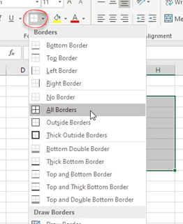 Borders button, all borders option selected