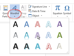 WordArt drop down menu in ribbon