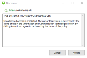 Disclaimer shown before accessing the VDI