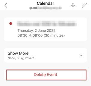 Delete event button in outlook app calendar