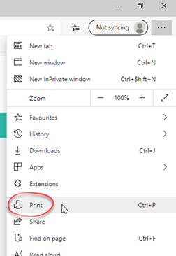 Settings menu, print option selected