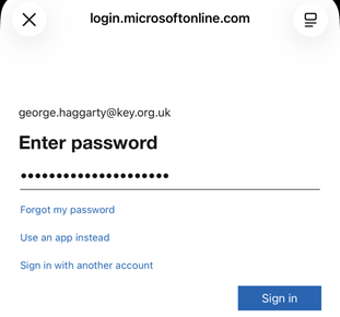 Password screen for Key's Microsoft 365 services