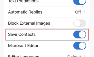 Save contacts slider in Outlook app