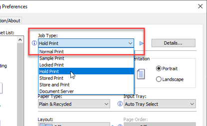 Printer preferences job type drop down menu