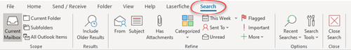 Search ribbon in Outlook