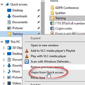 Unpin a folder from the quick access toolbar