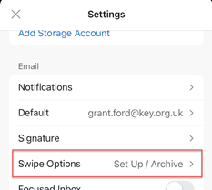 Swipe options in Outlook app Settings