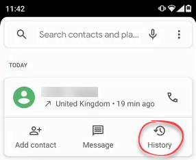 history icon in recent call list