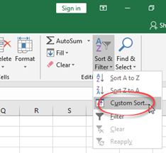 Sort and Filter drop down menu, Custom Sort option selected