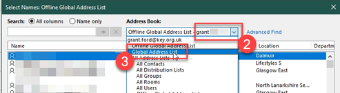 Select online global address list from drop down menu