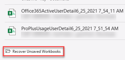 Recovered Unsaved Workbook option in the file menu in Excel