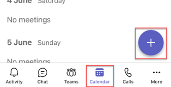 Teams App Calendar tab, create new teams meeting button showing