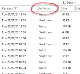 Email list showing the "in folder" field