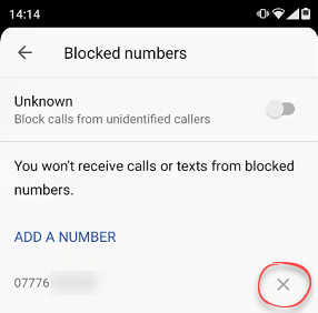 button to remove number from blocked callers list