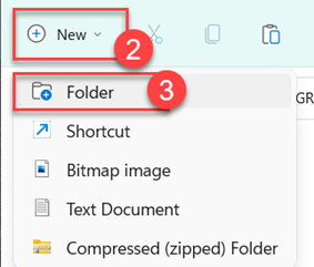 Creating a new folder using the buttons in the command bar