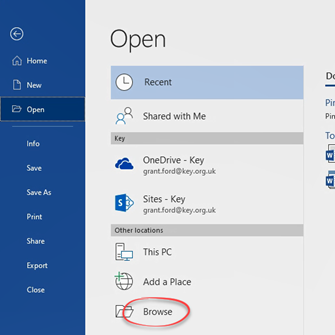 Browse option in open window in Microsoft Word