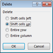 Delete cells dialogue box