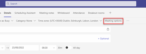 Meetings options in the details tab in Teams meeting