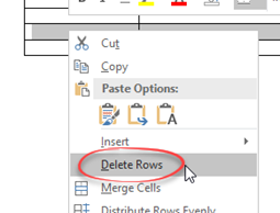 Right click in table to delete row