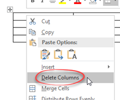 Right click in table to delete table