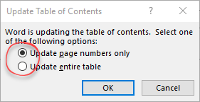 Update Table of Contents dialogue box