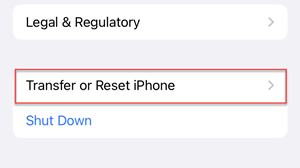 Transfer or Reset iPhone option in settings