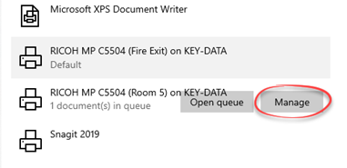 Manage button in printer properties