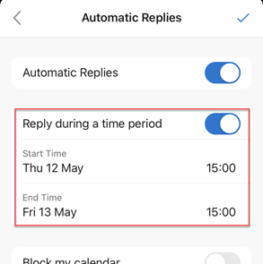 Outlook automatic replies time setting options