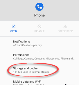 storage and cache option in phone app notfications