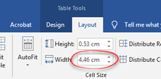 Table cell width spin controls in the table tools, layout ribbon