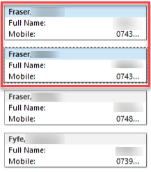 Contacts function showing multiple contacts selected