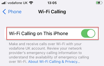 Switch on WiFi calling toggle button