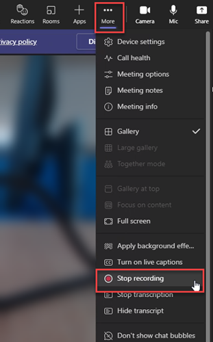 More options in Team meeting, stop recording selected