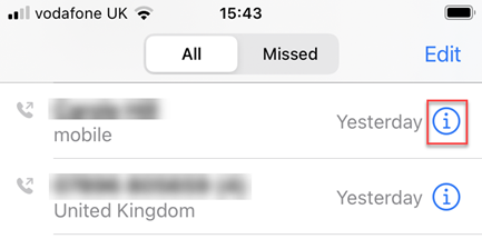 more information button in recent call list