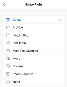 Options for swiping in Outlook App